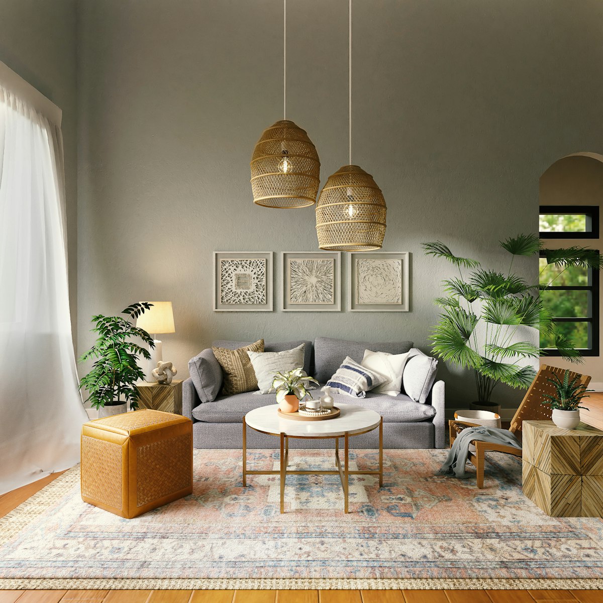Minimalist beige interior with an archway, warm sunlight casting architectural shadows, clean design, no human
